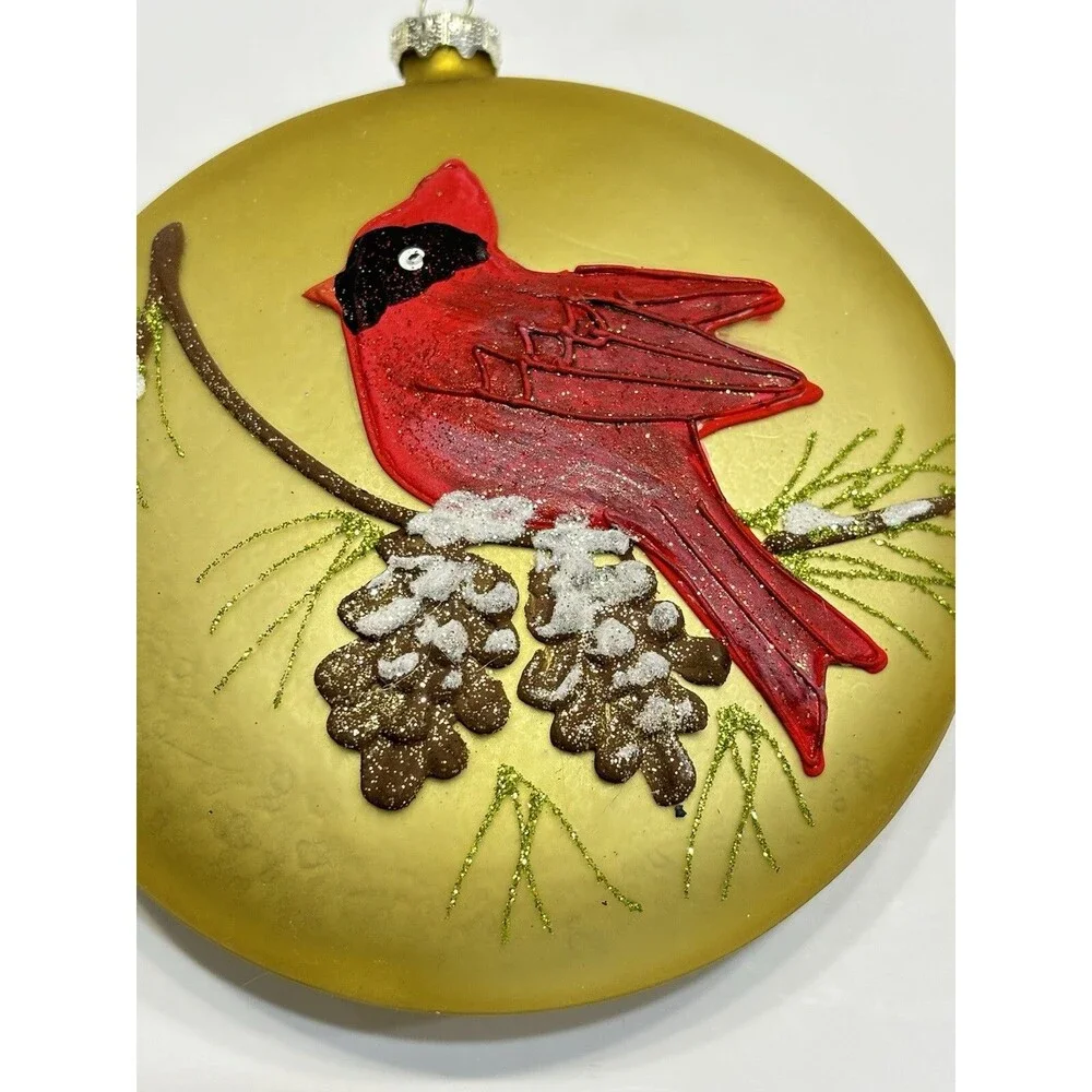 Vtg Christmas Ornaments Glass Red CARDINAL Bird Gold Handpainted Set Christmas
